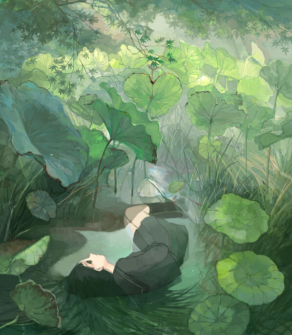 goshi, 1girl, black serafuku, black socks, day, female focus, flower, from above, green theme, hair spread out, kneehighs, long hair, lotus, miniskirt, nature, plant, plant roots, school uniform, serafuku, shallow water, skirt, socks, solo, water