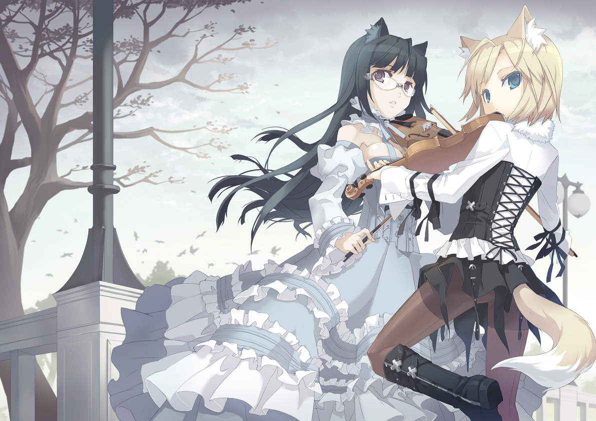 h2so4, 2girls, animal ears, black hair, blonde hair, blue eyes, boots, detached sleeves, dress, frills, glasses, instrument, leg lift, long hair, looking back, multiple girls, outdoors, pantyhose, purple eyes, short hair, tail, violin