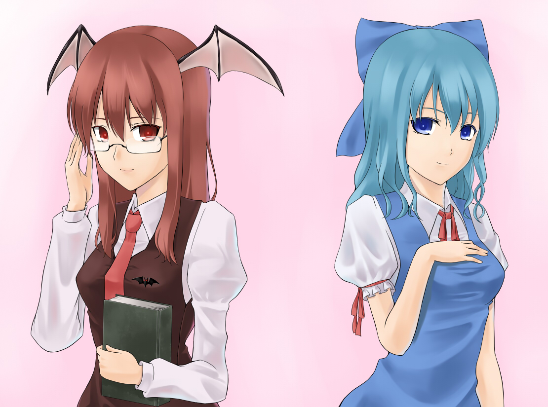 tadokoro teppei, cirno, koakuma, embodiment of scarlet devil, touhou, bad id, bad pixiv id, 2girls, adjusting eyewear, aged up, alternate hair length, alternate hairstyle, armband, bat (animal), bat wings, bespectacled, blue hair, book, breasts, dress, glasses, head wings, holding, holding book, light smile, long hair, looking at viewer, medium breasts, multiple girls, necktie, no wings, pinafore dress, red hair, red necktie, ribbon, shirt, simple background, sleeveless, sleeveless dress, taut clothes, taut shirt, vest, wings
