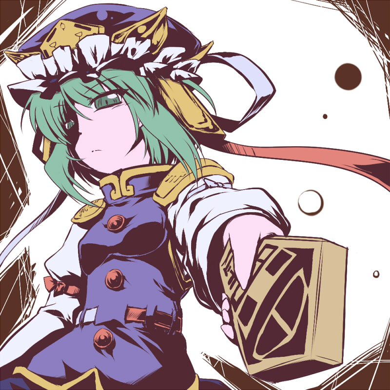 yoshi tama, shiki eiki, touhou, 1girl, female focus, green eyes, green hair, hat, matching hair/eyes, rod of remorse, short hair, solo