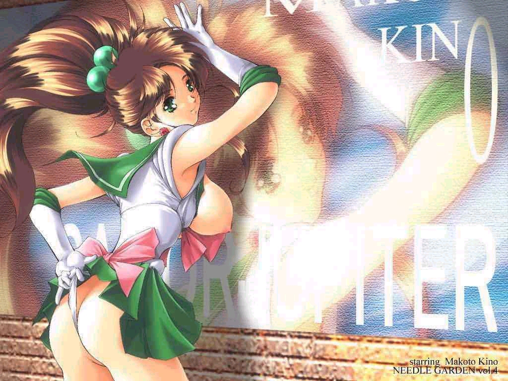 kantori, needle garden, kino makoto, sailor jupiter, bishoujo senshi sailor moon, jpeg artifacts, non-web source, 1990s (style), 1girl, against wall, ass, breasts, brown hair, earrings, elbow gloves, from behind, gloves, green eyes, hair bobbles, hair ornament, head tilt, jewelry, large breasts, long hair, looking back, magical girl, open clothes, open shirt, outdoors, panties, pleated skirt, ponytail, poster (object), public indecency, public nudity, retro artstyle, school uniform, serafuku, shirt, sideboob, skirt, smile, underwear, wedgie, white panties, zoom layer