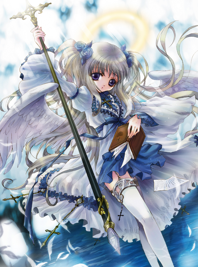 e~ji, yanagiba, original, silver hair, 1girl, angel, angel wings, blonde hair, blue eyes, book, cross, dress, fantasy, feathers, female focus, flower, hair flower, hair ornament, halo, long hair, purple hair, solo, staff, thighhighs, twintails, water, wings
