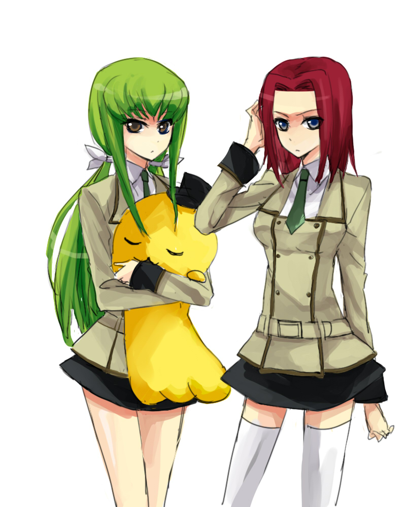 c.c., cheese-kun, kouzuki kallen, code geass, pizza hut, 00s, 2girls, blue eyes, green hair, long hair, multiple girls, red hair, school uniform, thighhighs, zettai ryouiki