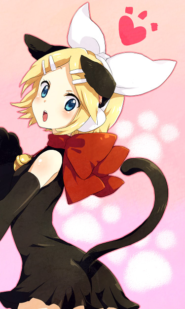tayako, kagamine rin, vocaloid, bad id, bad pixiv id, animal ears, ass, blonde hair, blue eyes, blush, hair ornament, hair ribbon, hairclip, looking back, ribbon, short hair, solo, tail