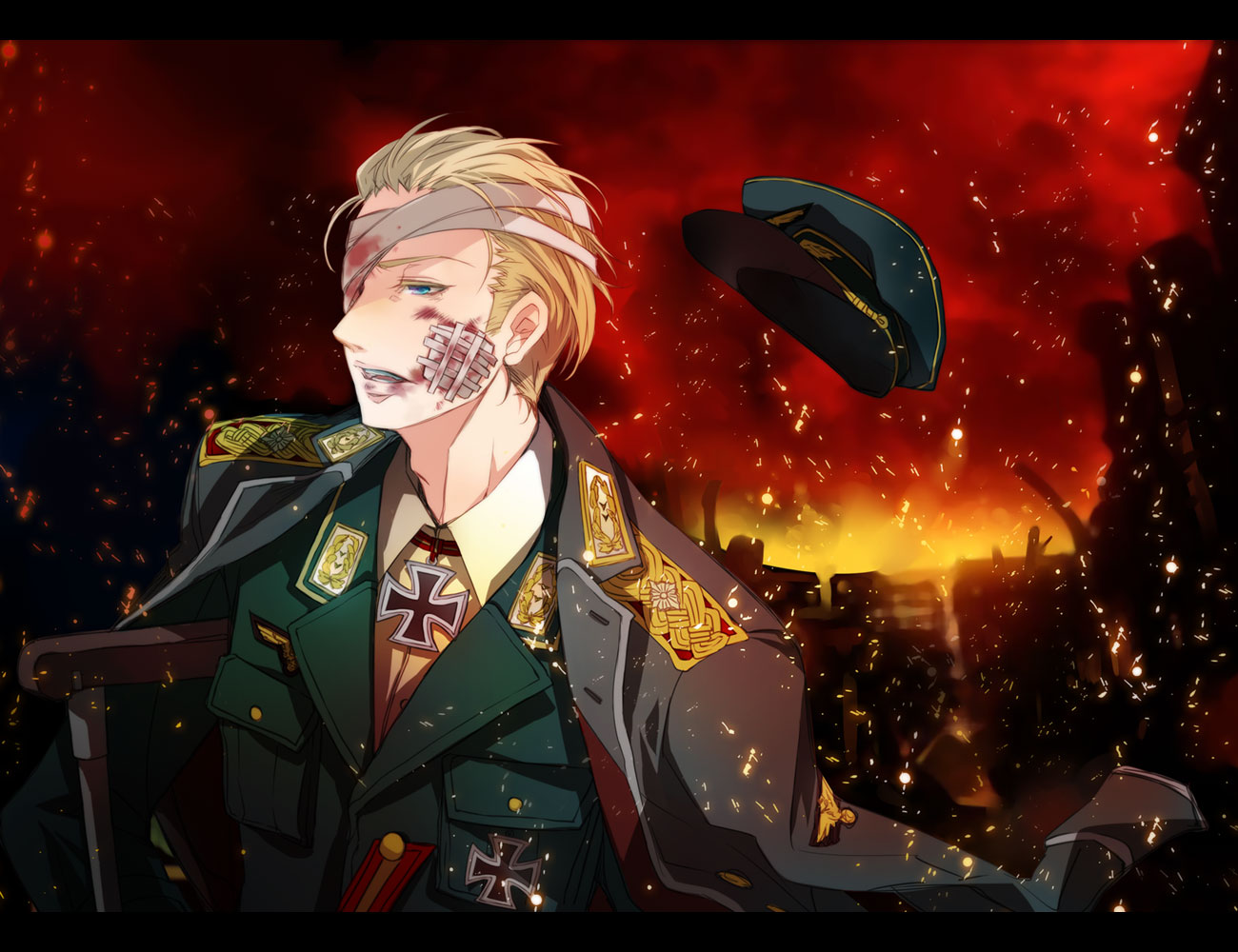ryouko (lovelovela), yoshiko, germany (hetalia), axis powers hetalia, bad id, bad pixiv id, 00s, 1boy, bandages, blonde hair, blood, blue eyes, bruise, cross, crutch, fire, hat, injury, iron cross, male focus, military, military uniform, nazi, peaked cap, short hair, sideburns, solo, war, world war ii