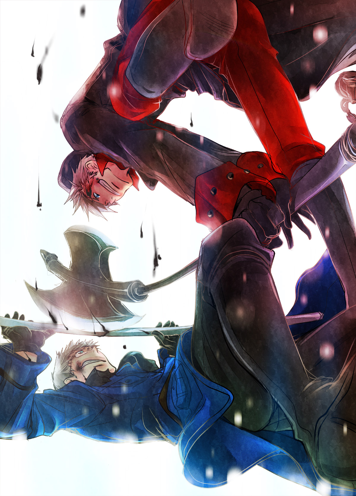 asato (anjam), denmark (hetalia), sweden (hetalia), axis powers hetalia, bad id, bad pixiv id, highres, 00s, 2boys, axe, battle, blood, blue eyes, coat, glasses, gloves, grin, male focus, military, military uniform, multiple boys, polearm, smile, trench coat, weapon, white background