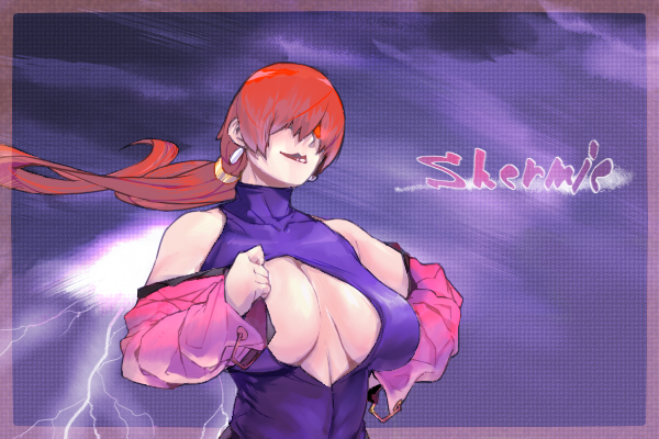 odekoh, shermie (kof), snk, the king of fighters, 1girl, bare shoulders, breasts, cleavage, cleavage cutout, clenched hand, clothing cutout, cropped jacket, detached sleeves, earrings, female focus, hair over eyes, huge breasts, jewelry, lightning, lipstick, long hair, makeup, off shoulder, ponytail, red hair, solo