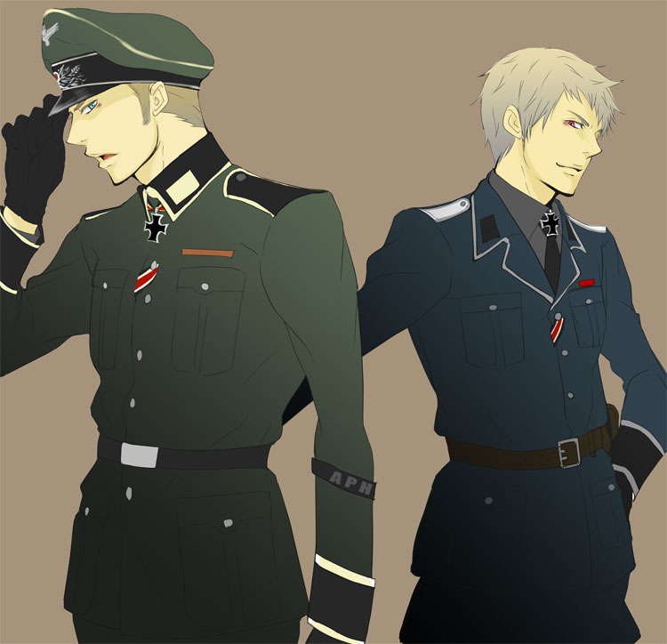 gigi5, germany (hetalia), prussia (hetalia), axis powers hetalia, silver hair, bad id, bad pixiv id, 00s, 2boys, belt, blonde hair, cross, gloves, hat, iron cross, male focus, military, military uniform, multiple boys, nazi, necktie, peaked cap, short hair, siblings, sideburns, simple background, world war ii