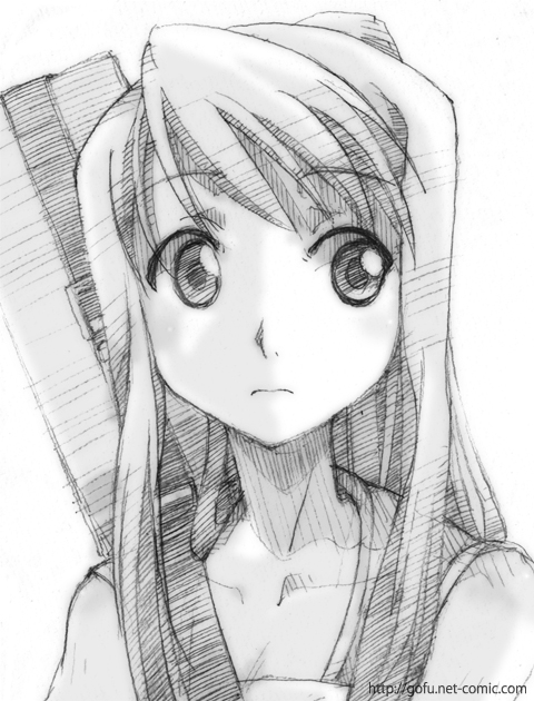 gofu, winry rockbell, fullmetal alchemist, traditional media, 00s, 1girl, female focus, greyscale, long hair, monochrome, portrait, simple background, sketch, solo, white background