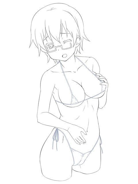 kotobuki hajime, manabe nodoka, k-on!, 00s, 1girl, bikini, breast suppress, breasts, cameltoe, cleavage, female focus, glasses, greyscale, hand on another's chest, large breasts, lineart, micro bikini, monochrome, one eye closed, open mouth, short hair, side-tie bikini bottom, solo, swimsuit, wink