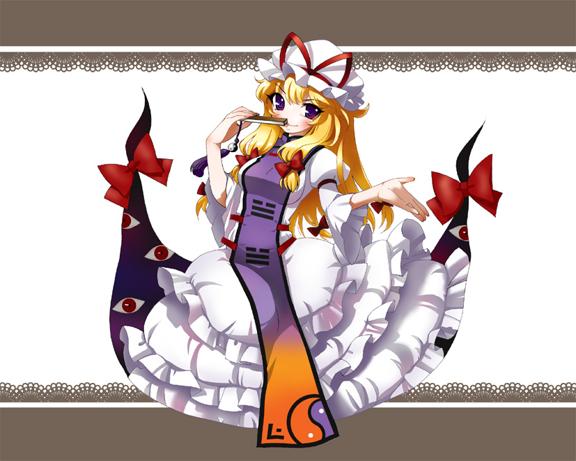 satou (sugar), yakumo yukari, touhou, bad id, bad pixiv id, 1girl, blonde hair, breasts, dress, female focus, gap (touhou), hair ribbon, hand fan, hat, long hair, purple eyes, ribbon, solo