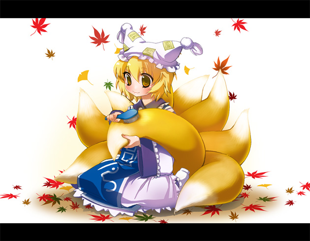 satou (sugar), yakumo ran, touhou, bad id, bad pixiv id, 1girl, animal hat, blonde hair, brushing hair, brushing own hair, female focus, fox tail, hair brush, hat, holding, leaf, long sleeves, maple leaf, mob cap, multiple tails, short hair, solo, tail, tassel, wide sleeves, yellow eyes