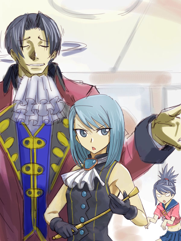 michael f91, franziska von karma, kay faraday, miles edgeworth, ace attorney, ace attorney investigations, ace attorney investigations: miles edgeworth, capcom, 1boy, 2girls, aged down, ascot, black hair, blue hair, mole, mole under eye, multiple girls, ponytail, riding crop, short hair