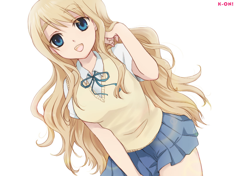 plum (arch), kotobuki tsumugi, k-on!, eyebrows, 00s, 1girl, blonde hair, blue eyes, cowboy shot, female focus, long hair, mature female, school uniform, simple background, solo, white background