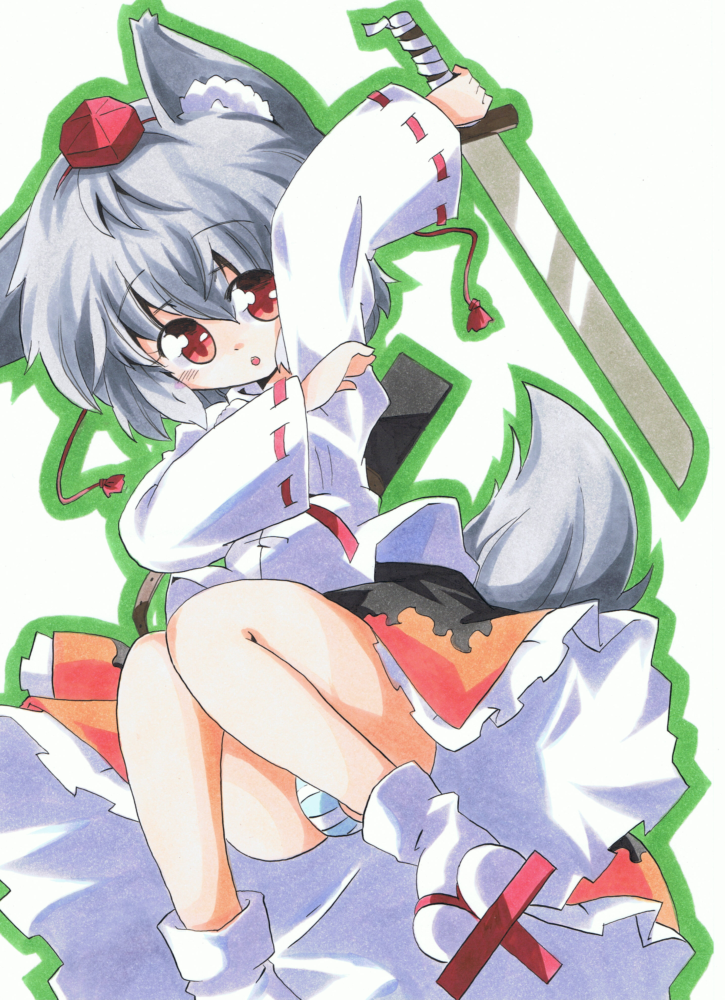 milkpanda, inubashiri momiji, touhou, silver hair, absurdres, highres, marker (medium), traditional media, 1girl, animal ears, female focus, geta, hat, panties, pantyshot, short hair, skirt, solo, striped clothes, striped panties, sword, tail, tengu-geta, tokin hat, underwear, weapon, wolf ears, wolf tail