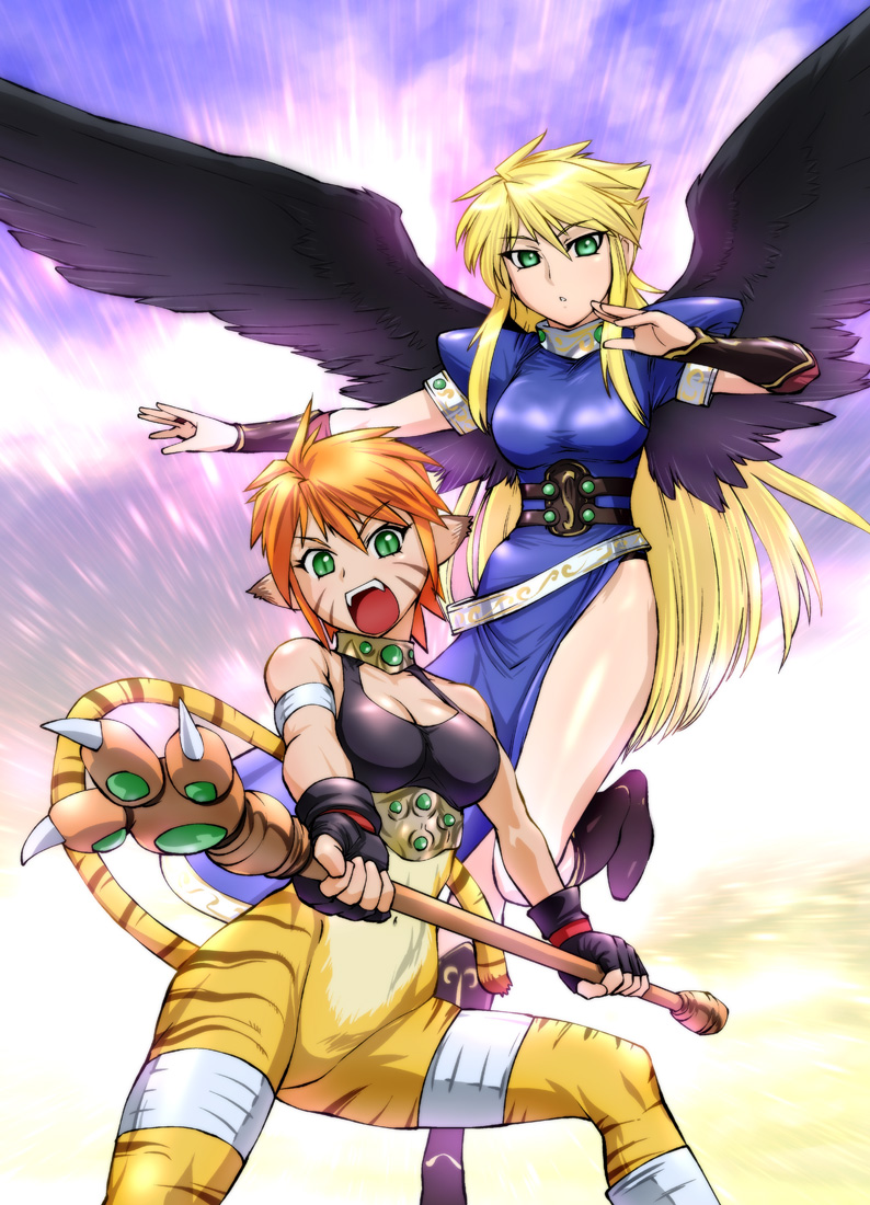 ueyama michirou, katt (breath of fire), nina (breath of fire ii), breath of fire, breath of fire ii, capcom, 2girls, angel wings, animal ears, black wings, blonde hair, breasts, cat ears, cat tail, cleavage, dress, flying, gloves, green eyes, multiple girls, short hair, side slit, staff, tail, wings