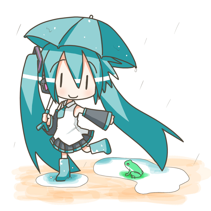 minami (colorful palette), chibi miku, hatsune miku, vocaloid, chibi, frog, rain, solo, twintails, umbrella, | |