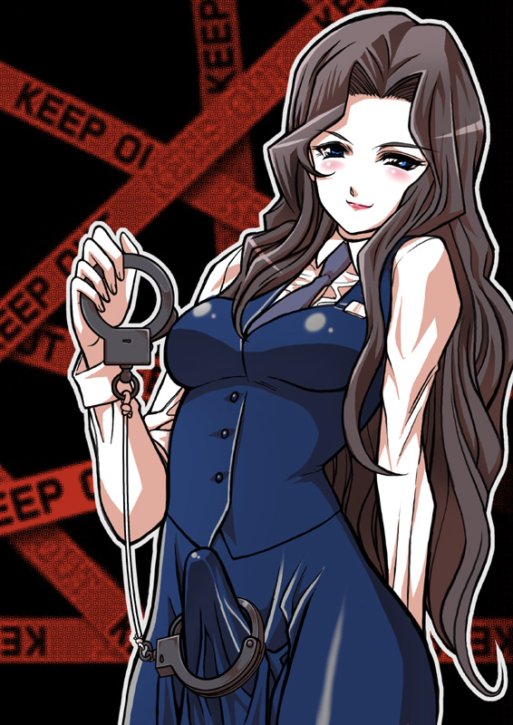 tsukamoto takashi, aoi futaba, taiho shichauzo, 1futa, blue eyes, blush, breasts, brown hair, bulge, caution tape, cuffs, curly hair, curvy, dress shirt, erection, erection under clothes, female focus, futanari, handcuffs, japan national police, keep out, lipstick, long hair, makeup, necktie, office lady, penis, police, shirt, solo, very long hair, vest