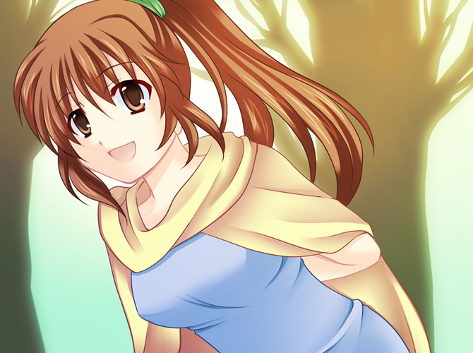 kona panda, bad id, bad pixiv id, arms behind back, brown eyes, brown hair, cape, open mouth, ponytail, solo, tree