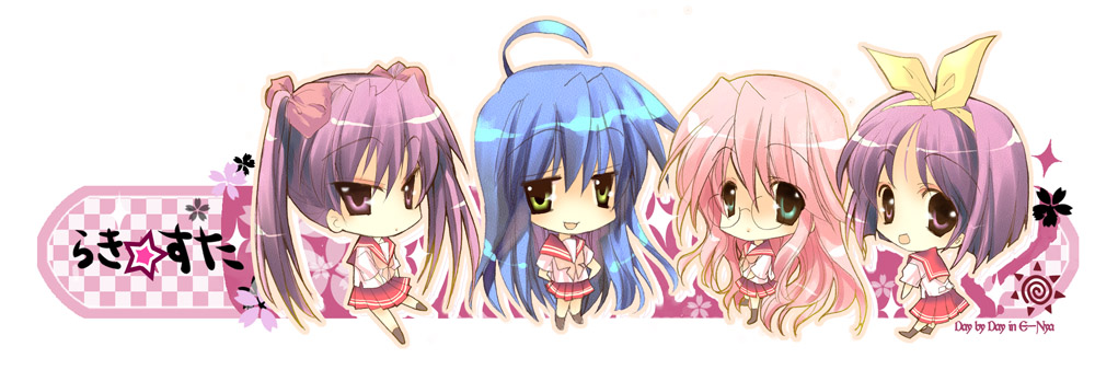 e-nya, hiiragi kagami, hiiragi tsukasa, izumi konata, takara miyuki, lucky star, bad id, bad pixiv id, 00s, 4girls, ahoge, back, blue eyes, blue hair, chibi, green eyes, long hair, multiple girls, pink hair, purple eyes, purple hair, school uniform, serafuku, short hair, siblings, sisters, standing, twins, twintails, very long hair