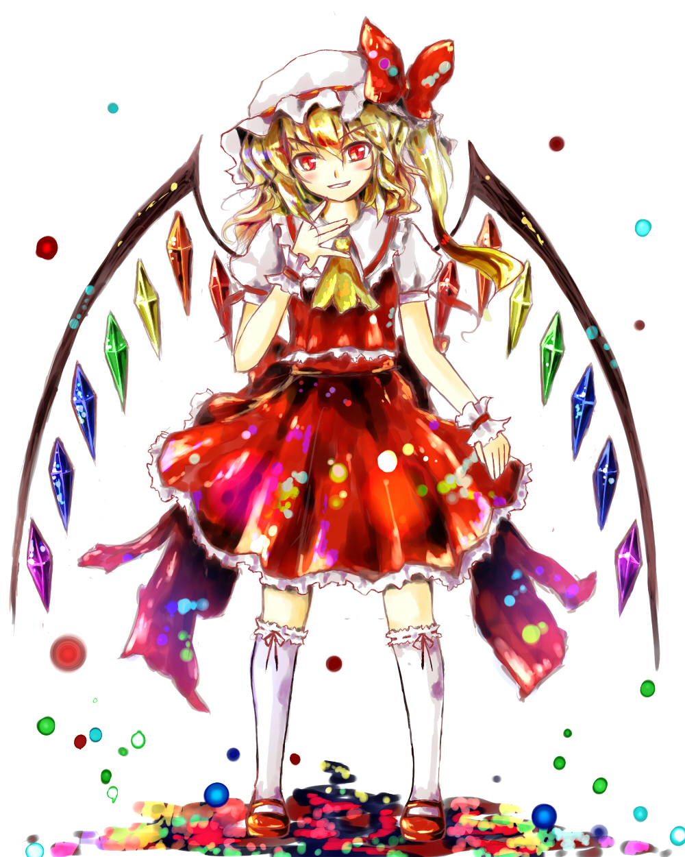 yuna gram, yunagram, flandre scarlet, embodiment of scarlet devil, touhou, bad id, bad pixiv id, highres, 1girl, blonde hair, dress, female focus, hat, ponytail, rainbow order, red dress, red eyes, short hair, side ponytail, solo, wings, wrist cuffs