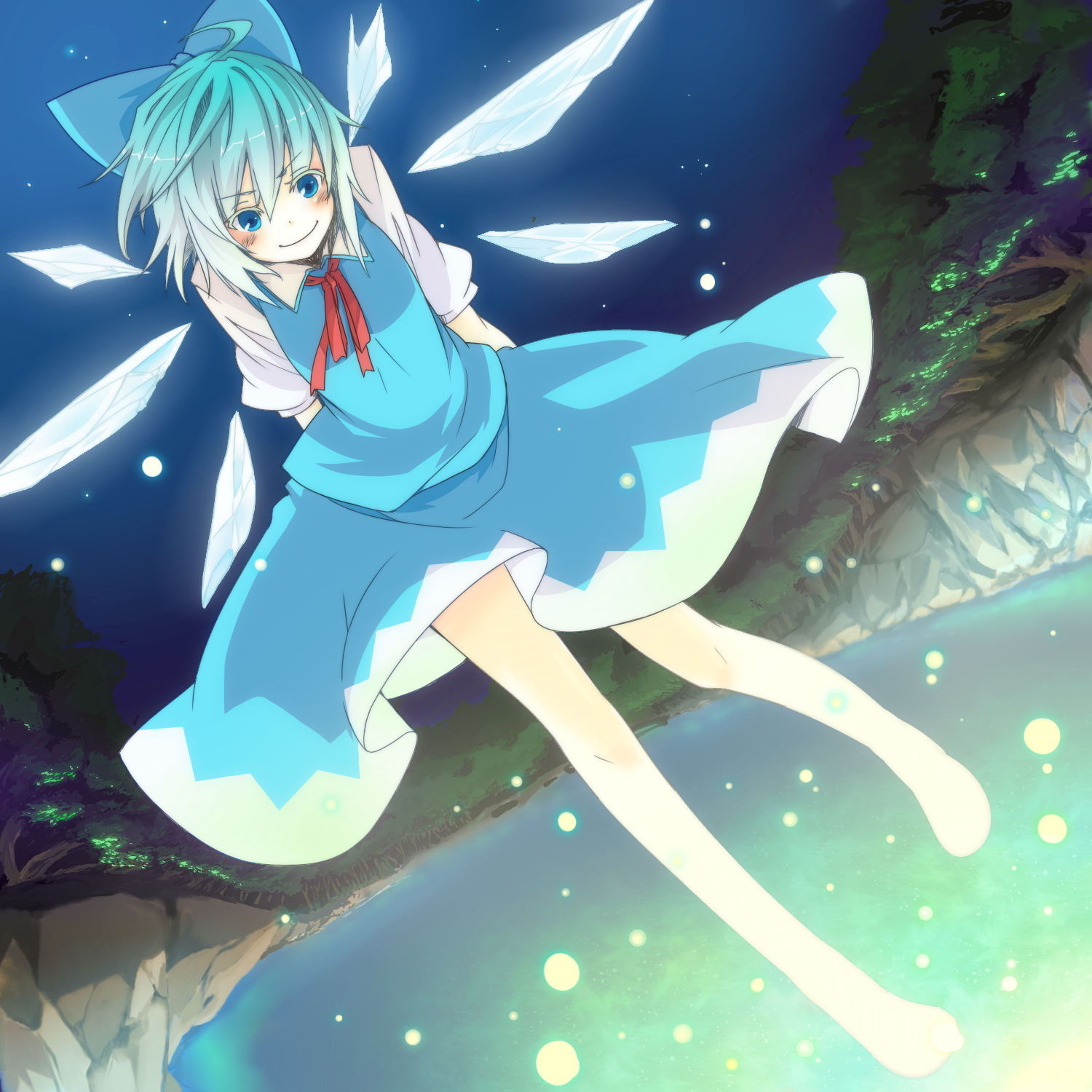 ko->u, cirno, embodiment of scarlet devil, touhou, light, bad id, bad pixiv id, highres, >:), 1girl, arms behind back, barefoot, blue eyes, blue hair, bow, colored eyelashes, dutch angle, eyelashes, female focus, fireflies, hair bow, lake, matching hair/eyes, smile, solo, v-shaped eyebrows, wings