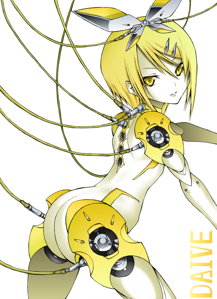 daive, kagamine rin, vocaloid, bad id, bad pixiv id, highres, 1girl, android, blonde hair, female focus, robot, short hair, solo, yellow eyes
