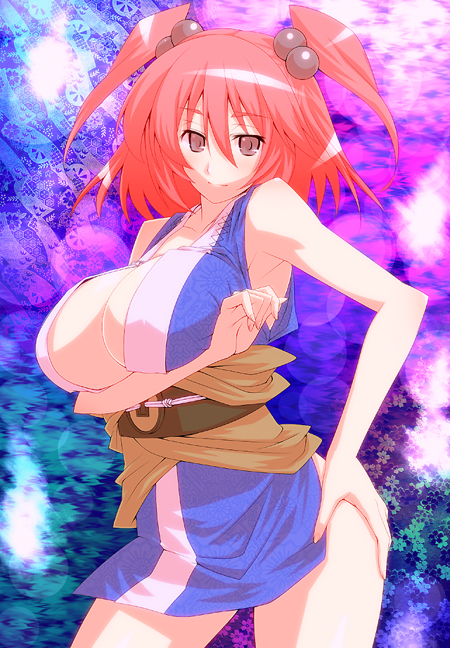 tro (trombe), onozuka komachi, touhou, 1girl, arm under breasts, armpits, breasts, cleavage, female focus, hair bobbles, hair ornament, hand on own hip, hip focus, huge breasts, pink eyes, red hair, solo, twintails, two side up