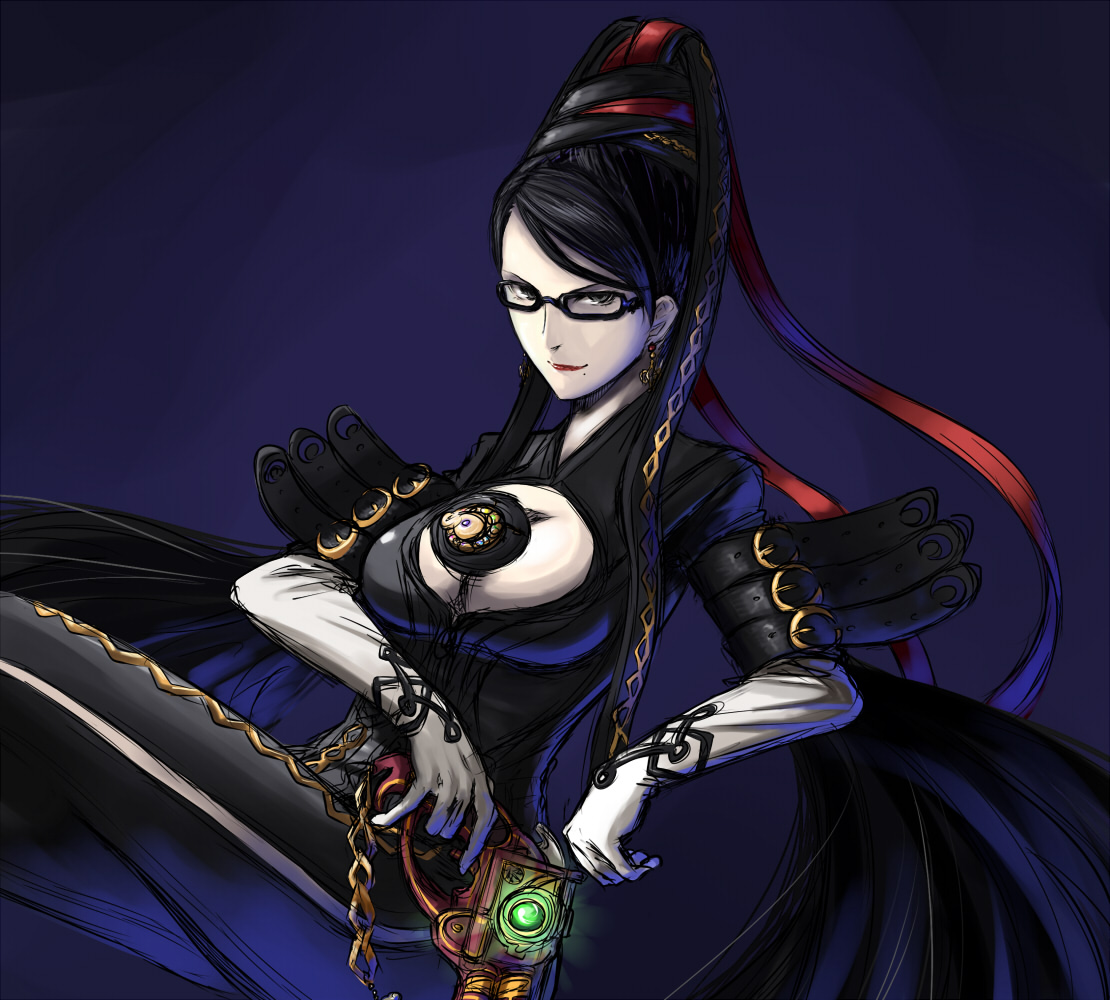 hiroya juuren, bayonetta, bayonetta (series), bayonetta 1, 1girl, black hair, bodysuit, breasts, cleavage cutout, clothing cutout, crescent, dark background, earrings, glasses, gloves, grey eyes, gun, hair ribbon, jewelry, large breasts, lipstick, long hair, makeup, mole, mole under mouth, ribbon, smirk, very long hair, weapon, white gloves, witch