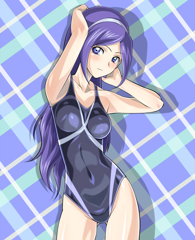 muhi11234, aono miki, fresh precure!, precure, 00s, 1girl, argyle background, argyle clothes, armpits, arms behind back, arms up, bare shoulders, blue eyes, competition swimsuit, eyelashes, female focus, hairband, long hair, one-piece swimsuit, purple hair, solo, swimsuit