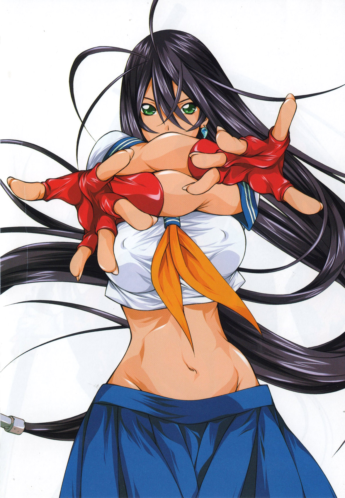 shiozaki yuji, kan'u unchou, ikkitousen, highres, official art, scan, scan artifacts, 00s, 1girl, antenna hair, black hair, breasts, covered erect nipples, crop top, crossed arms, earrings, female focus, fingerless gloves, fingernails, foreshortening, gloves, green eyes, hair tubes, jewelry, large breasts, long fingernails, long hair, looking at viewer, lowleg, lowleg skirt, magatama, magatama earrings, midriff, navel, necktie, no panties, pleated skirt, red gloves, school uniform, serafuku, simple background, skirt, solo, very long hair, wide hips