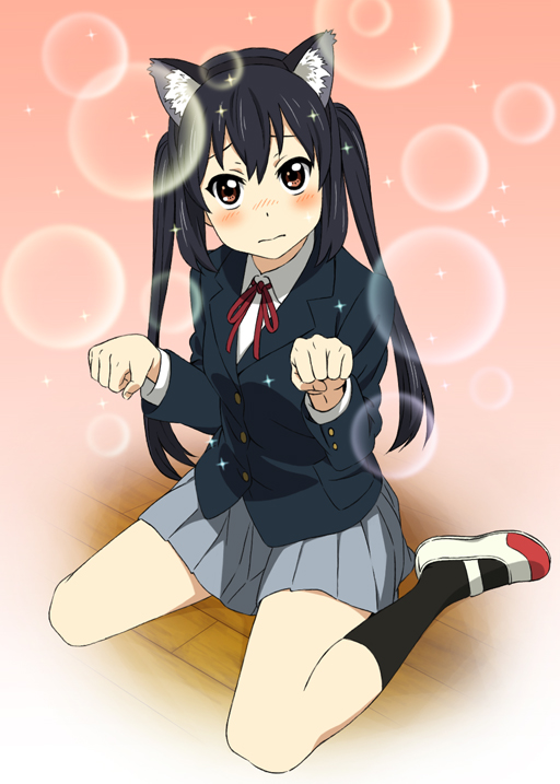 kame (pixiv), nakano azusa, k-on!, 00s, 1girl, animal ears, black hair, black socks, blush, brown eyes, cat ears, fake animal ears, female focus, kneehighs, long hair, looking at viewer, neck ribbon, paw pose, red ribbon, ribbon, sakuragaoka high school uniform, school uniform, shoes, sitting, skirt, socks, solo, twintails, uwabaki