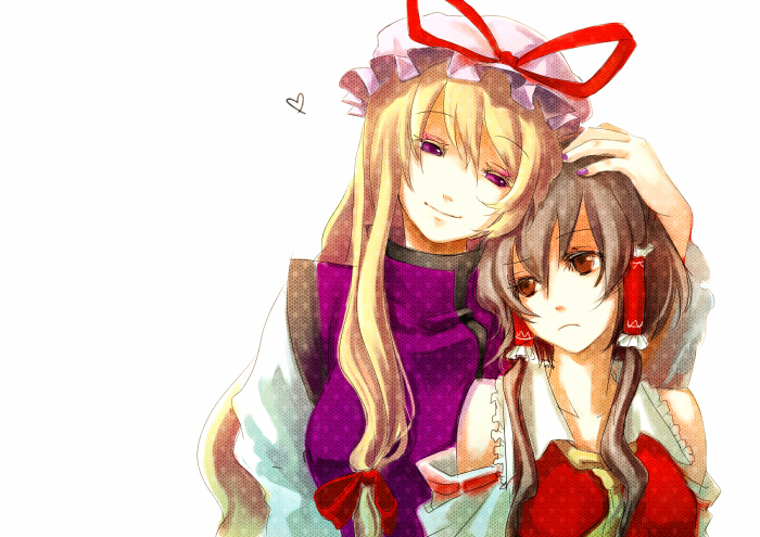 ria (rilpoppo), hakurei reimu, yakumo yukari, touhou, hand on head, bad id, bad pixiv id, 2girls, blonde hair, brown eyes, brown hair, detached sleeves, female focus, hair ribbon, hat, headpat, heart, japanese clothes, miko, multiple girls, nail polish, purple eyes, purple nails, ribbon, simple background, upper body