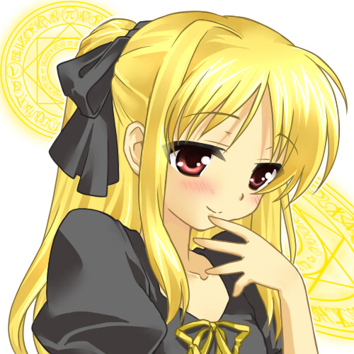467 (artist), fate testarossa, lyrical nanoha, mahou shoujo lyrical nanoha, bad id, bad pixiv id, lowres, 00s, 1girl, blonde hair, blush, bow, dress, female focus, finger to mouth, hair bow, magic circle, pink eyes, ponytail, smile, solo, white background