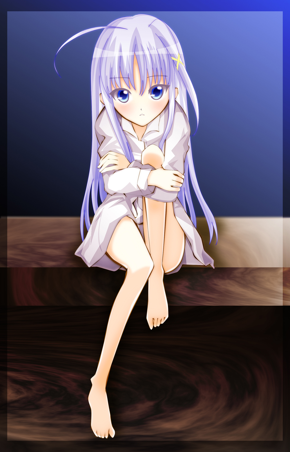 shichouson, reinforce zwei, lyrical nanoha, mahou shoujo lyrical nanoha, mahou shoujo lyrical nanoha strikers, light purple hair, highres, 00s, 1girl, ahoge, bare legs, barefoot, blue eyes, blush, border, crossed arms, dress shirt, feet, female focus, hair ornament, hugging own legs, long hair, looking at viewer, mini person, minigirl, naked shirt, purple hair, shirt, sitting, solo, tsurime, x hair ornament