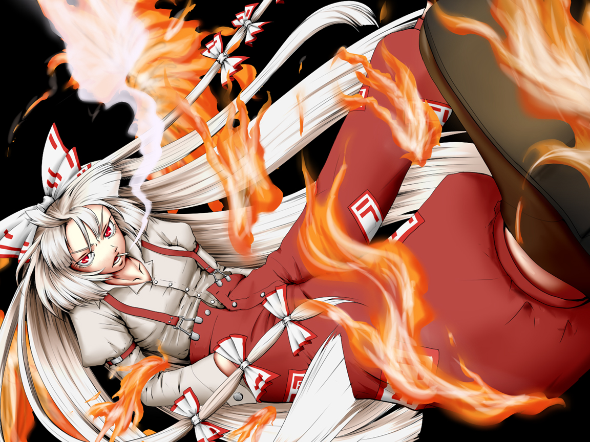 kirisaki (gin16k), kirisaki akihito, fujiwara no mokou, touhou, silver hair, bad id, bad pixiv id, 1girl, bow, cigarette, female focus, fire, hair ribbon, long hair, pants, red eyes, ribbon, smoking, solo, suspenders