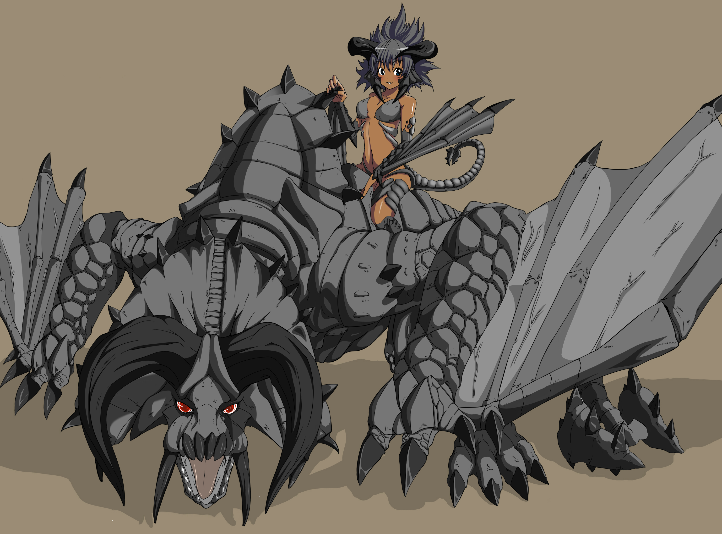 luceva, black diablos, diablos, monster hunter (series), highres, black hair, dark skin, dragon, dragon girl, horns, short hair, wings, wyvern