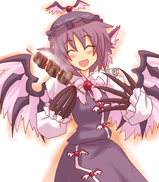 haruka (pixiv23275), harukatron, mystia lorelei, touhou, 1girl, animal ears, blush, female focus, fingernails, food, hat, long fingernails, nail (hardware), short hair, solo, standing, white background, wings