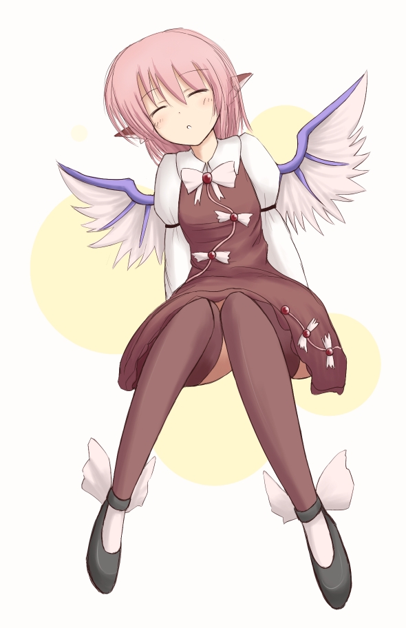 phantom2071, mystia lorelei, touhou, winged footwear, 1girl, animal ears, brown thighhighs, female focus, full body, pink hair, shoes, short hair, sitting, sleepy, solo, thighhighs, white background, wings