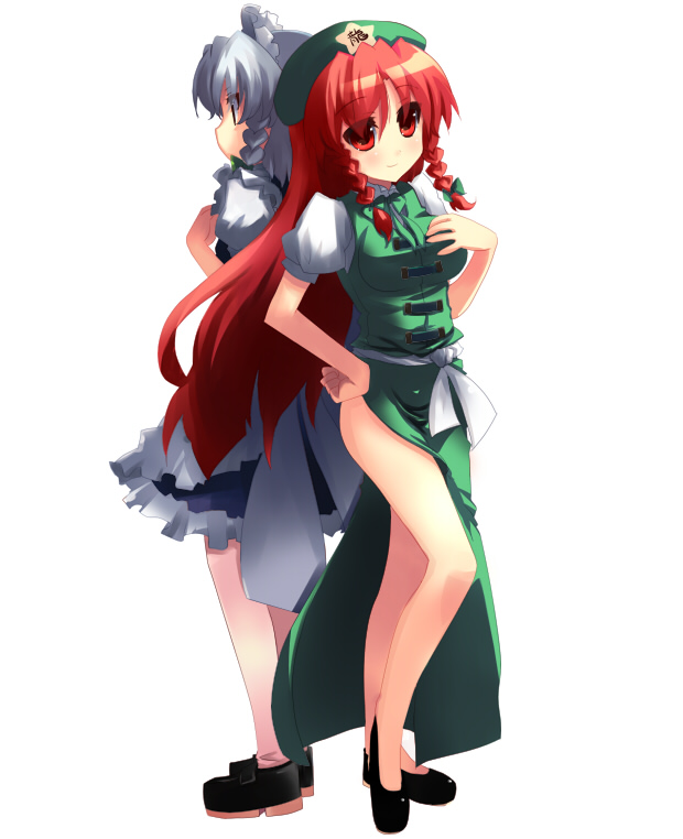 shin (new), hong meiling, izayoi sakuya, embodiment of scarlet devil, touhou, 2girls, back-to-back, braid, china dress, chinese clothes, dress, female focus, hat, long hair, multiple girls, red eyes, red hair, simple background, twin braids, white hair