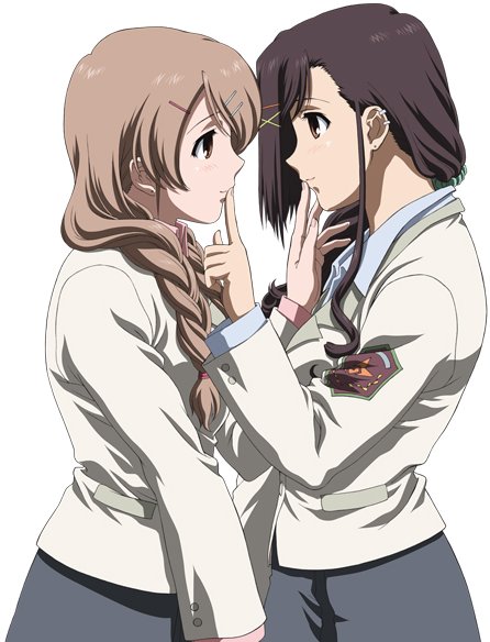 sakurai kanade, sakurai yukino, candy boy, non-web source, 00s, 2girls, braid, brown eyes, brown hair, finger to mouth, incest, long hair, long sleeves, multiple girls, ponytail, profile, school uniform, siblings, sisters, twin braids, yuri