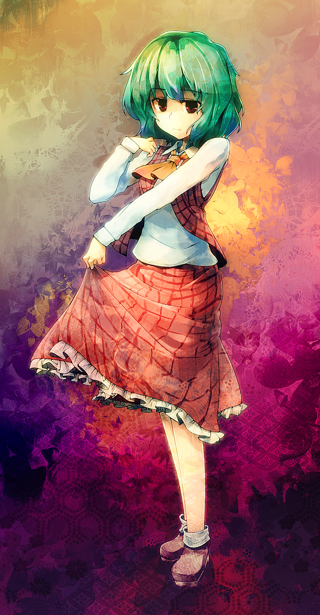 sugu maigo ninaru umumu, ukyo rst, umumu (pilcre), kazami yuuka, touhou, highres, 1girl, ascot, female focus, green hair, plaid clothes, plaid skirt, plaid vest, red eyes, short hair, skirt, skirt set, solo, vest