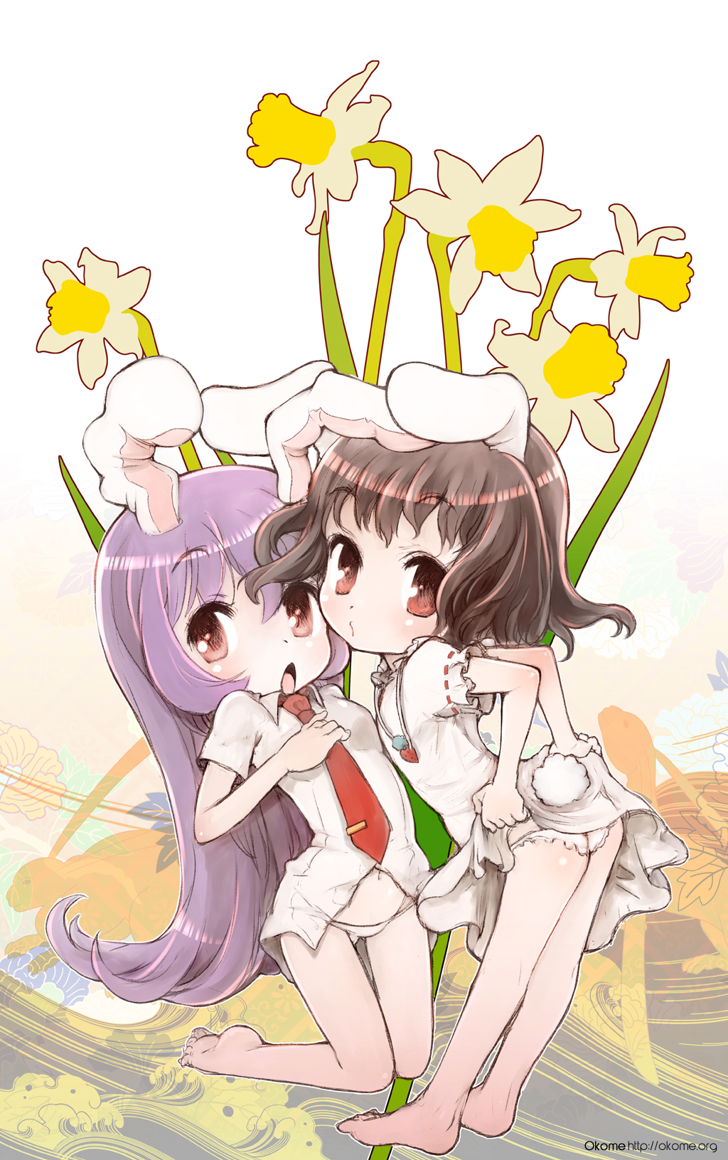 okome (ricecandy), ricecandy, inaba tewi, reisen udongein inaba, touhou, bad id, bad pixiv id, highres, 2girls, animal ears, barefoot, black hair, clothes lift, daffodil, dress, dress lift, feet, female focus, flower, loli, long hair, multiple girls, necktie, no pants, panties, purple hair, rabbit ears, rabbit girl, rabbit tail, red eyes, red necktie, short hair, tail, underwear, white panties