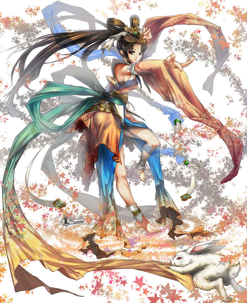 summer7, 1girl, ankle cuffs, anklet, barefoot, breasts, brown eyes, brown hair, detached sleeves, female focus, jewelry, leaf, long hair, rabbit, sideboob, solo, very long hair