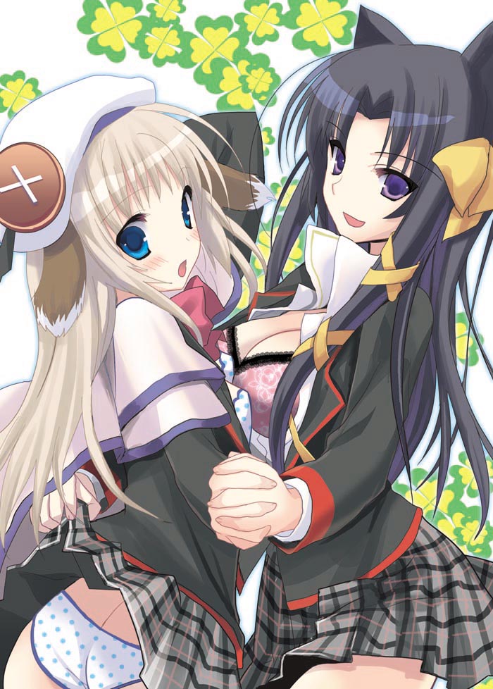 chimaro, kurugaya yuiko, noumi kudryavka, little busters!, 2girls, animal ears, black hair, blonde hair, blue eyes, bow, bra, breasts, cat ears, cleavage, clothes lift, dog ears, hat, holding hands, large breasts, lingerie, long hair, matching underwear, multiple girls, panties, pink bow, plaid clothes, plaid skirt, polka dot, polka dot panties, purple eyes, skirt, skirt lift, underwear