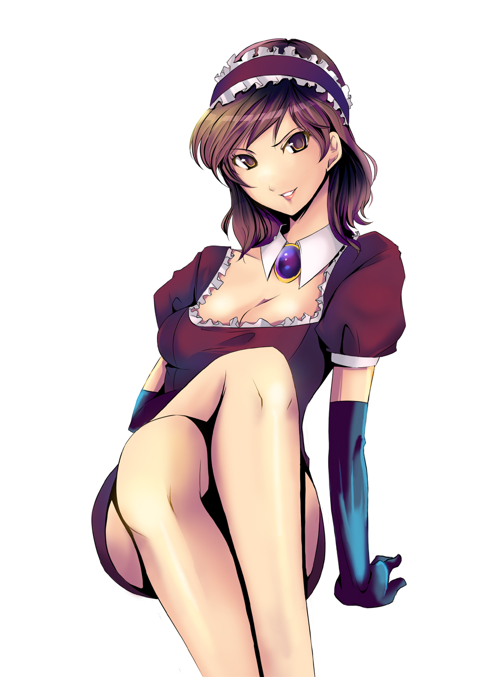 riochan, mine fujiko, lupin iii, tms entertainment, highres, 1girl, alternate costume, breasts, brown eyes, brown hair, cleavage, crossed legs, detached collar, elbow gloves, female focus, gloves, maid headdress, naughty face, short hair, simple background, sitting, smile, solo, white background