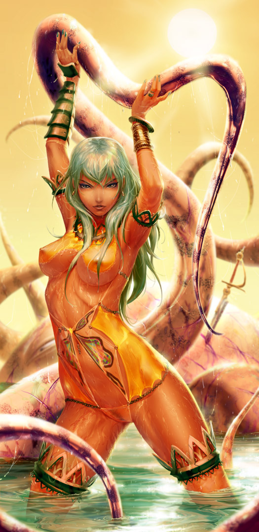 chester ocampo, original, 1girl, armpits, arms up, bracelet, breasts, covered erect nipples, female focus, fingernails, green hair, green nails, jewelry, lips, long hair, lots of jewelry, nail (hardware), nail polish, navel, navel piercing, piercing, solo, tentacles, water, wet