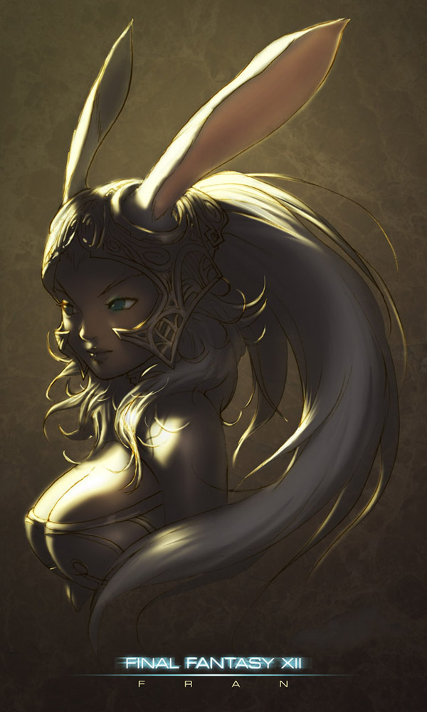 chester ocampo, fran (ff12), final fantasy, final fantasy xii, 00s, 1girl, animal ears, bare shoulders, breasts, character name, cleavage, copyright name, dark, ears through headwear, female focus, green eyes, helmet, instrument, large breasts, lips, long hair, rabbit ears, solo, very long hair, viera, white hair