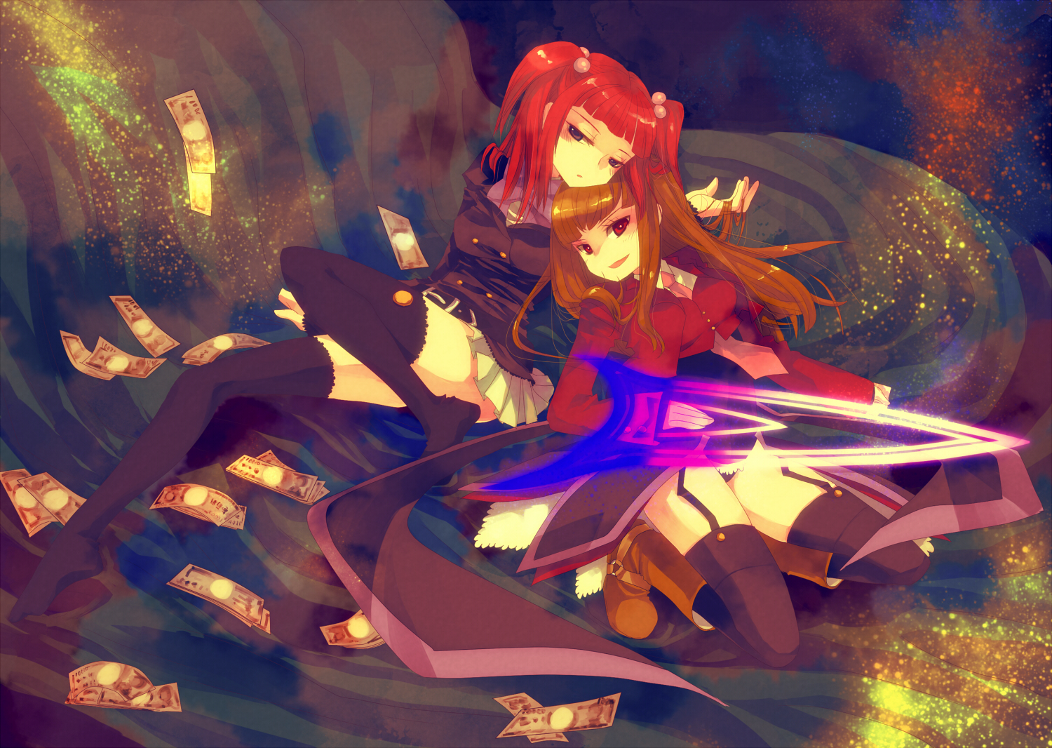 hanui, mammon (umineko), stakes of purgatory, ushiromiya ange, umineko no naku koro ni, bad id, bad pixiv id, 00s, 2girls, black thighhighs, blue eyes, brown hair, hair bobbles, hair ornament, jacket, long hair, money, multiple girls, necktie, red eyes, smile, thighhighs, twintails, zettai ryouiki