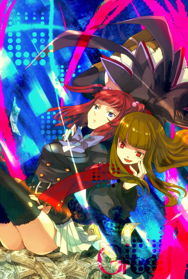 queen qko, queen qko (pixiv), mammon (umineko), stakes of purgatory, ushiromiya ange, umineko no naku koro ni, 00s, blue eyes, brown hair, hair bobbles, hair ornament, jacket, long hair, necktie, red eyes, red hair, ribbon, smile, thighhighs, twintails, zettai ryouiki